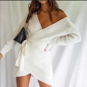 Princess Polly Phenix White True Wrap Chunky Knit Mini Sweater Dress S